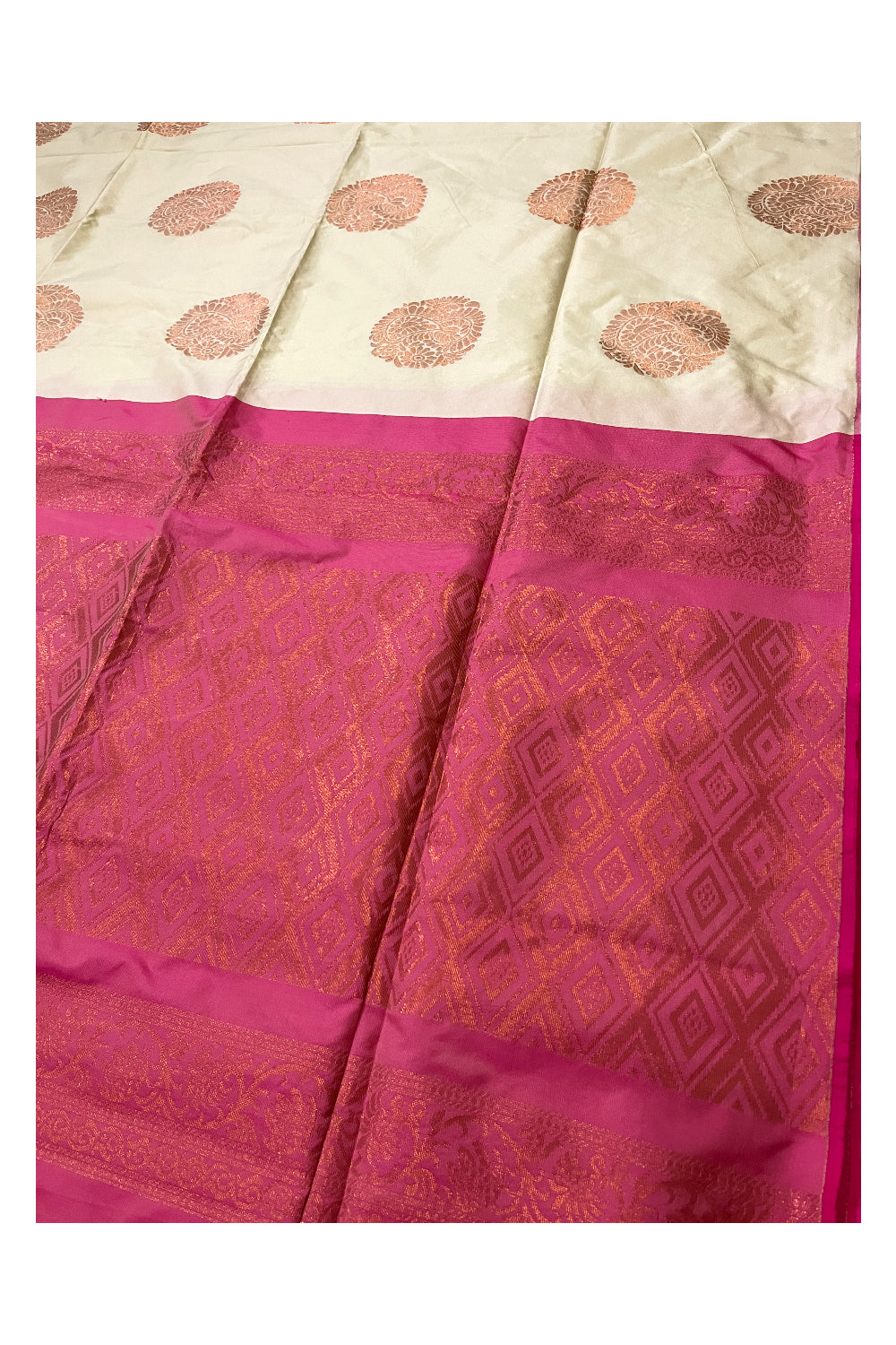 Southloom Soft Silk Beige Saree with Pink Border and Zari Woven Works