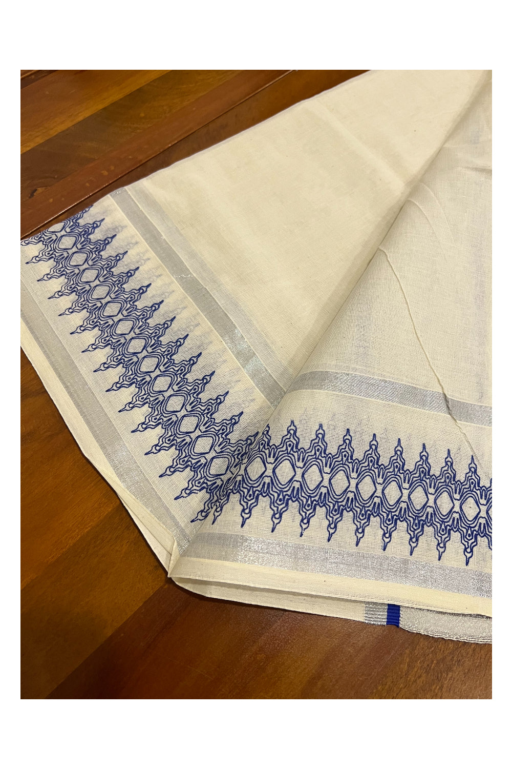 Cotton Silver Kasavu Set Mundu (Mundum Neriyathum) with Blue Block Prints on Border