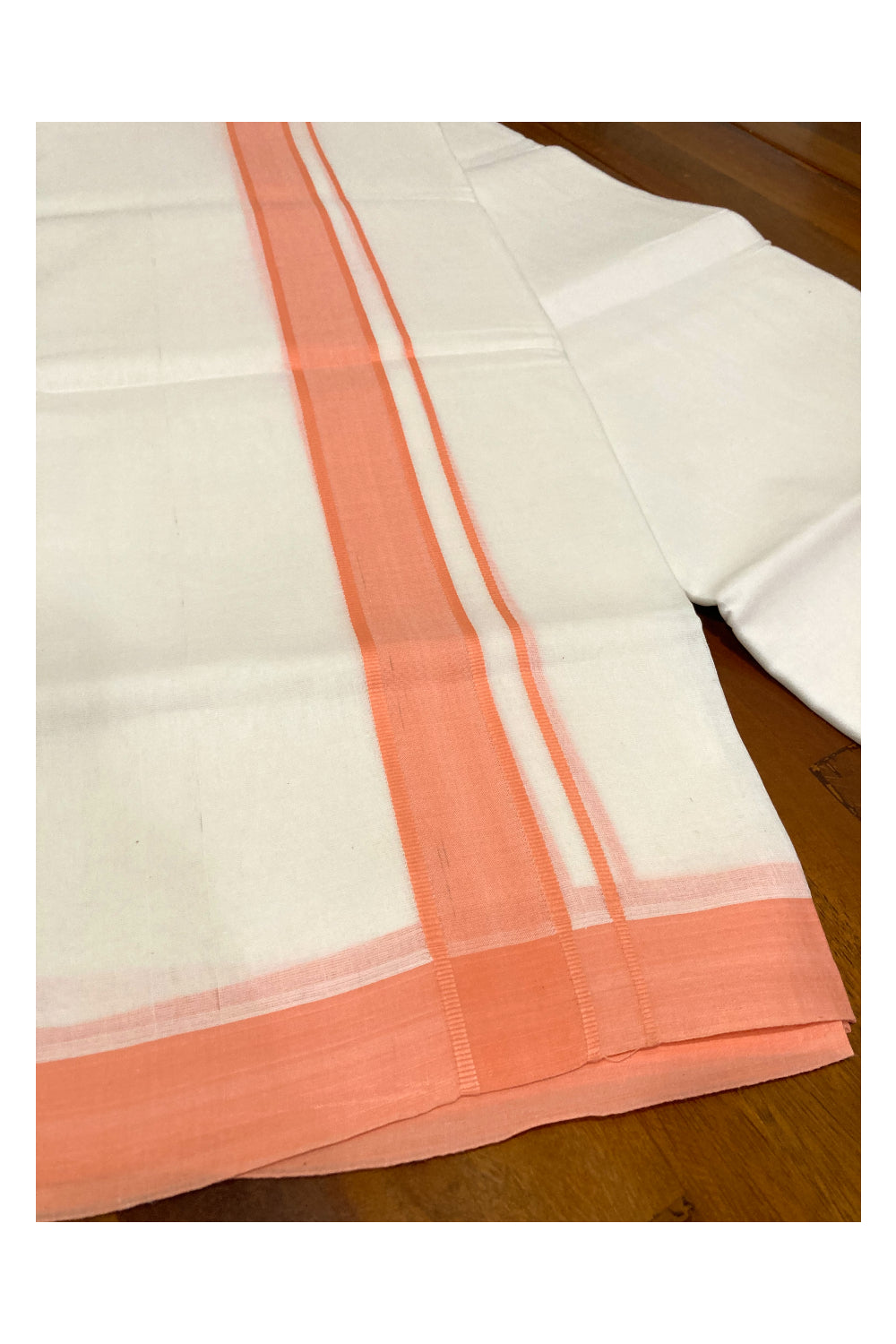 Pure White Cotton Double Mundu with Peach Border (South Indian Dhoti)