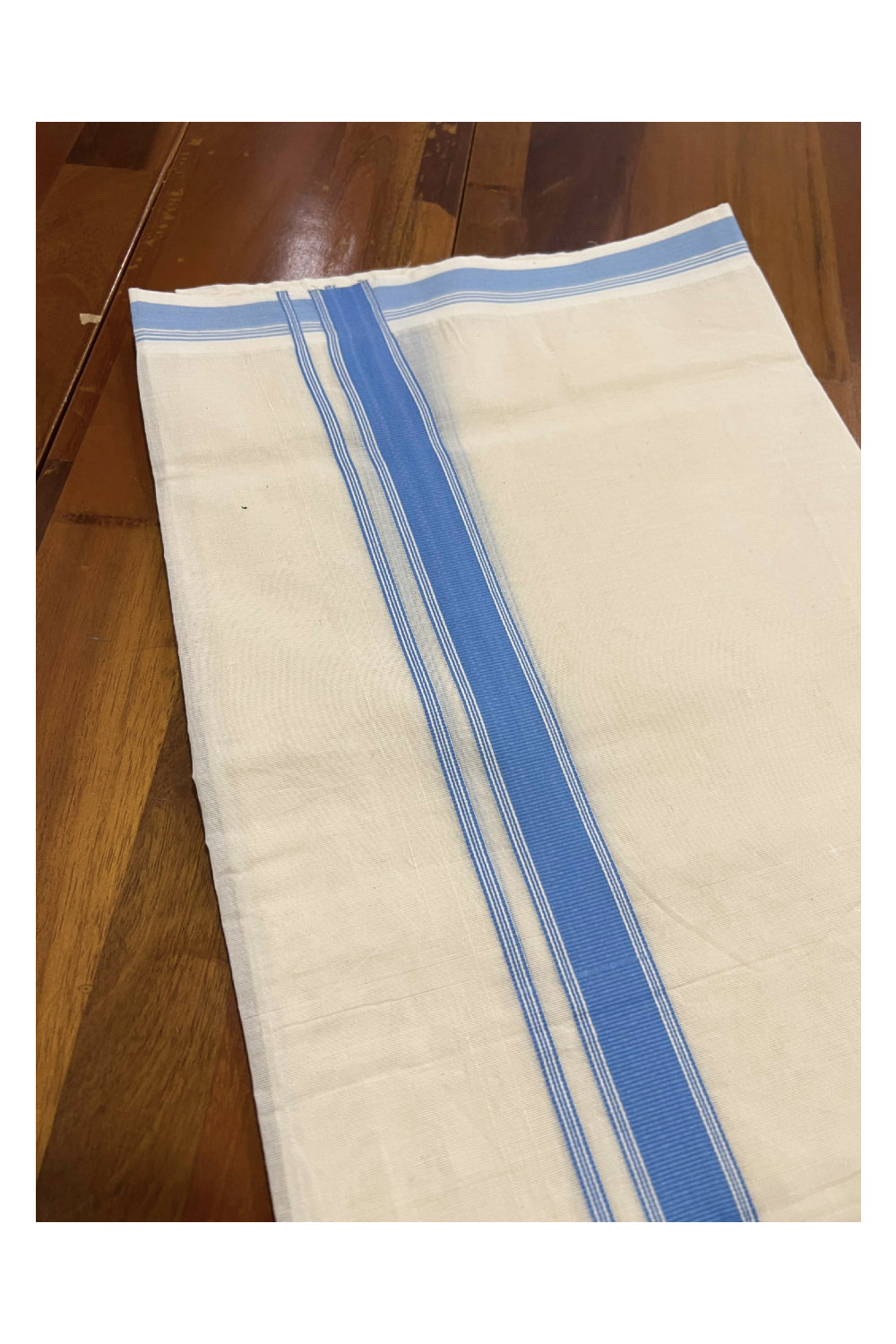 Off White Pure Cotton Double Mundu with Light Blue Kara (South Indian Dhoti)