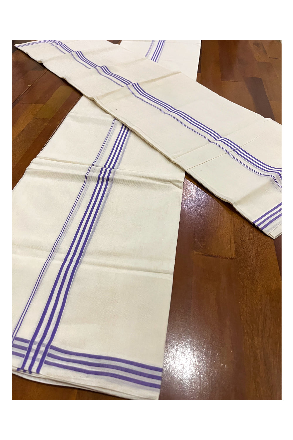 Southloom Premium Handloom Single Set Mundu (Mundum Neriyathum) with Violet Lines Border