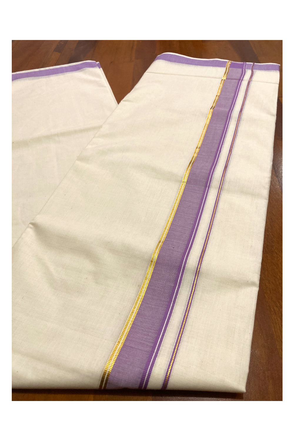 Off White Pure Cotton Double Mundu with Kasavu and Violet Border (South Indian Kerala Dhoti)