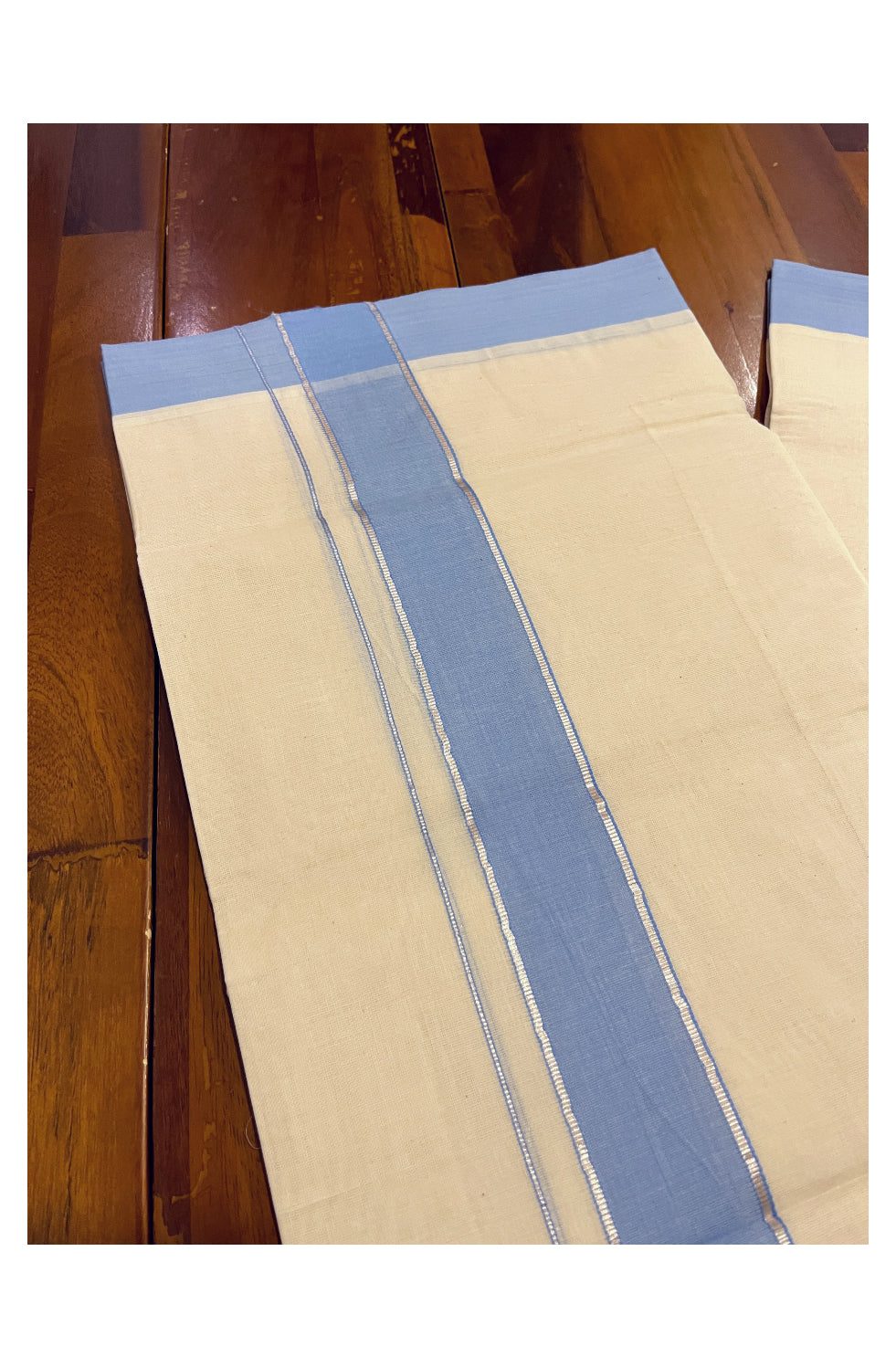 Pure Cotton Off White 100x100 Double Mundu with Silver Kasavu and Blue Border (South Indian Kerala Dhoti)