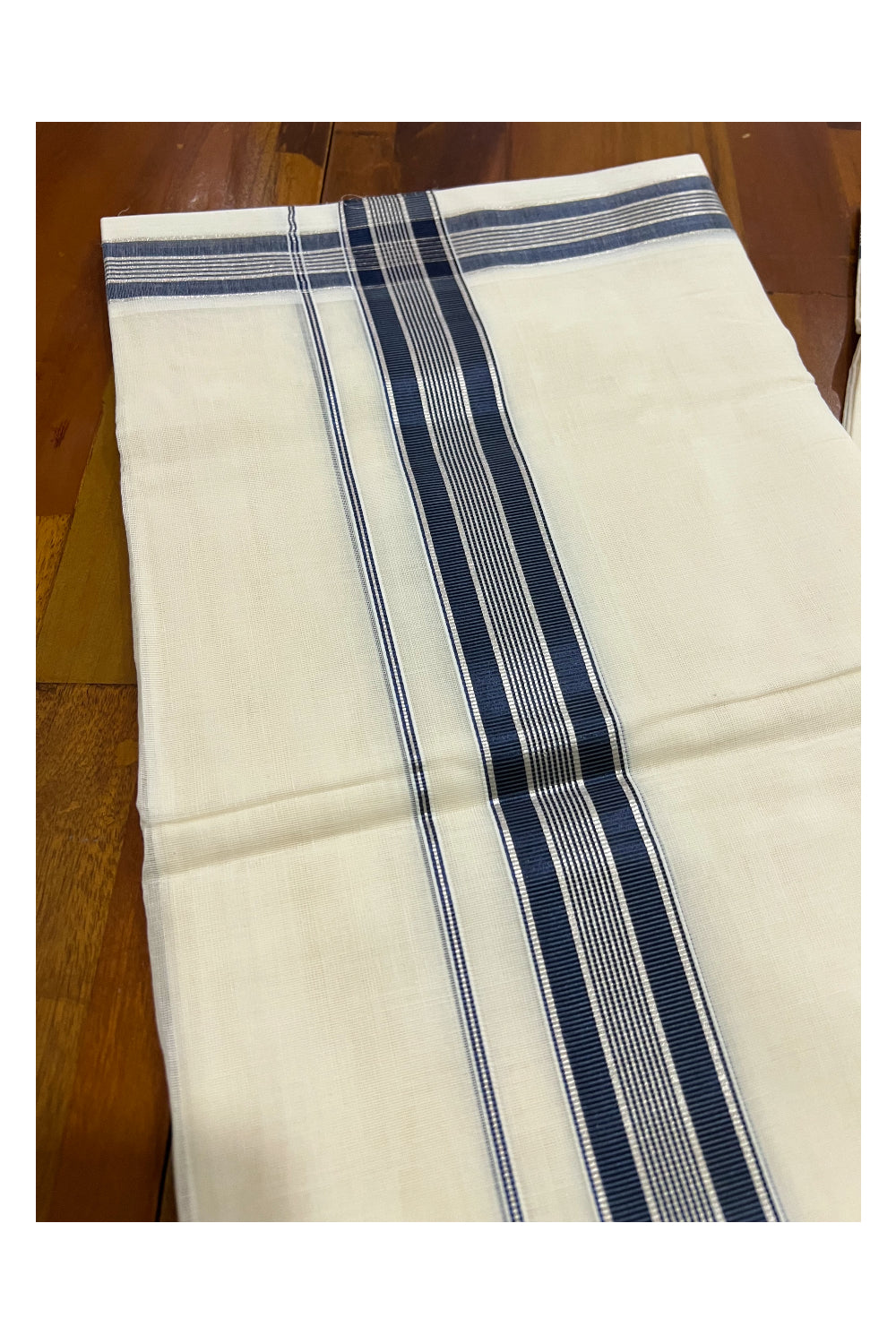 Southloom Premium Handloom Pure Cotton Mundu with Silver and Navy Blue Kasavu Designer Border (South Indian Dhoti)