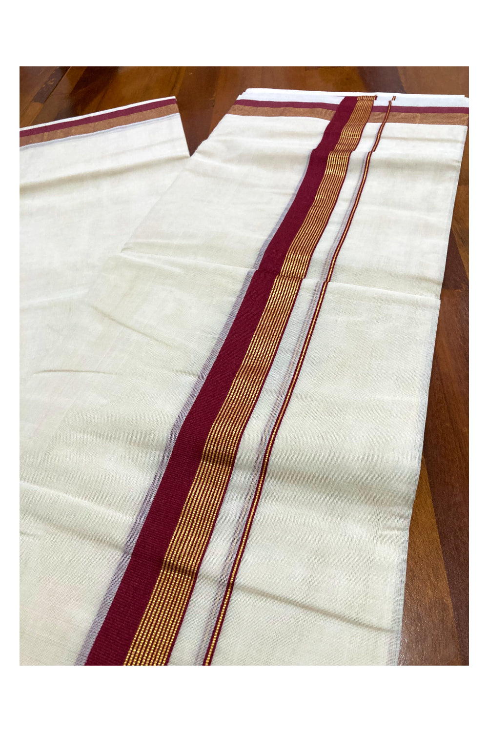 Southloom Premium Handloom Pure Cotton Mundu with Dark Red and Kasavu Border (South Indian Dhoti)