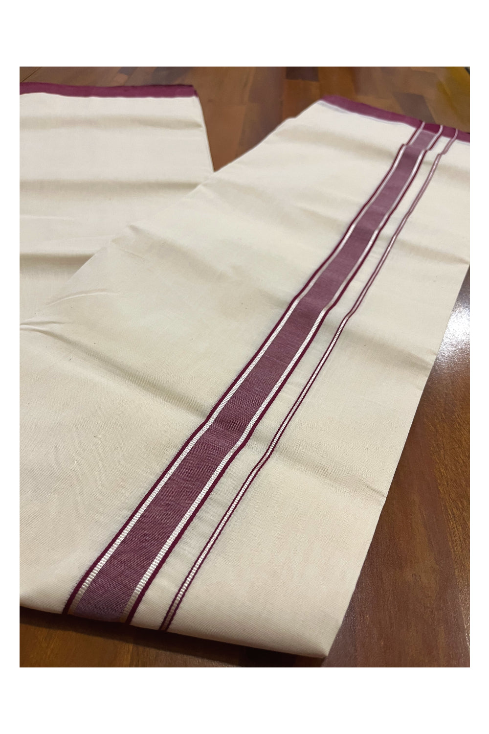 Southloom Premium Handloom Double Mundu with Maroon and Silver Kasavu Border