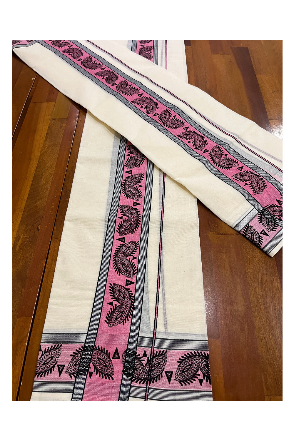 Pure Cotton Single Set Mundu (Mundum Neriyathum Vishu 2023) with Black Block Prints on Pink Border