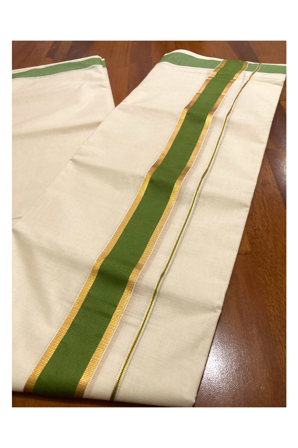 Pure Cotton Double Mundu with Green and Kasavu Border (South Indian Dhoti)