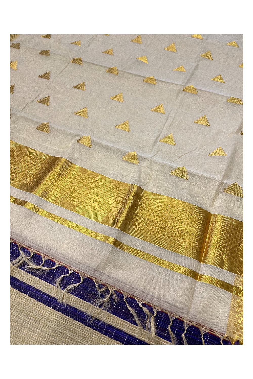 Southloom Premium Handloom Tissue Kasavu Saree with Paa Neythu Woven Border and Temple Works on Body