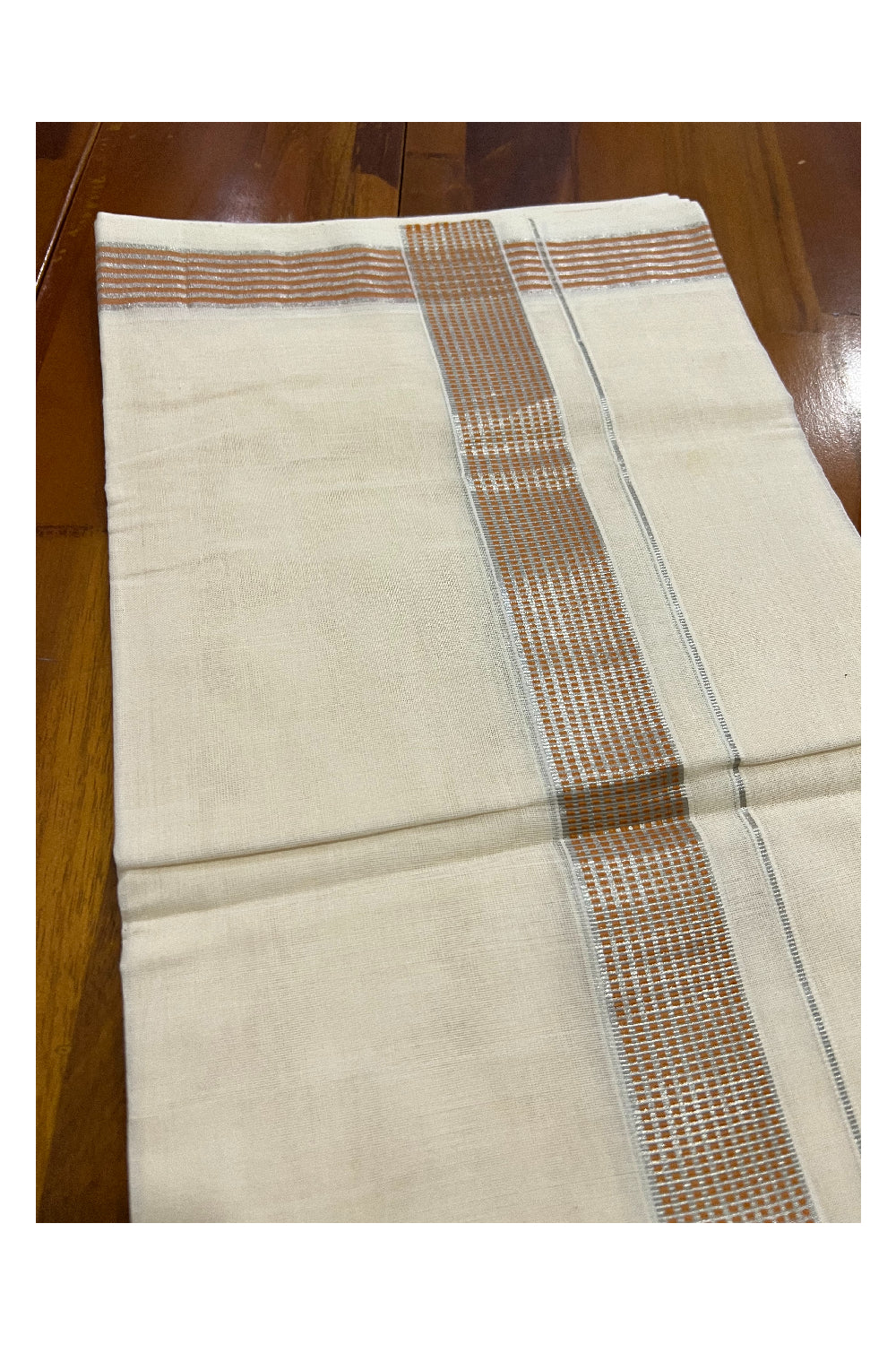 Southloom Kuthampully Handloom Pure Cotton Mundu with Silver Kasavu and Orange Border (South Indian Dhoti)