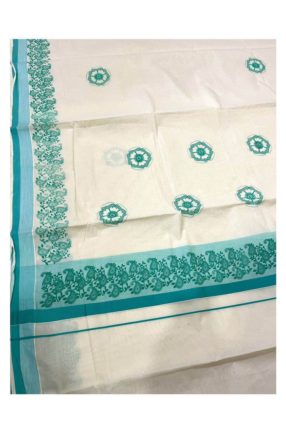 Pure Cotton Off White Kerala Saree with Turquoise Paisley Block Prints on Border