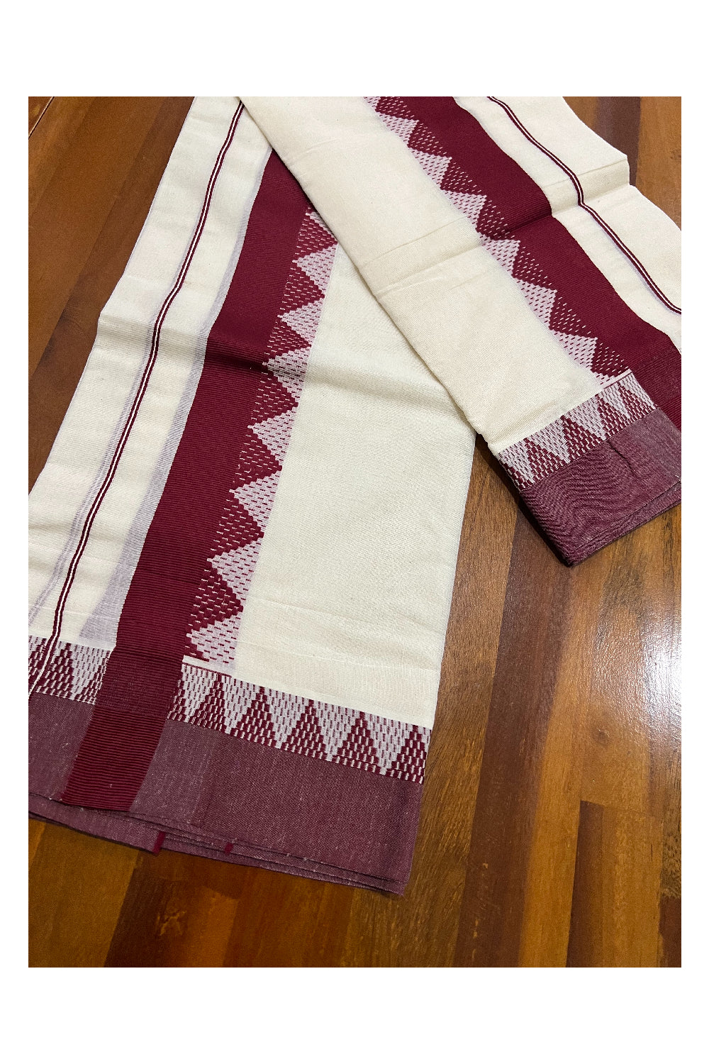 Kerala Cotton Mundum Neriyathum Single (Set Mundu) with Maroon Temple Woven Border