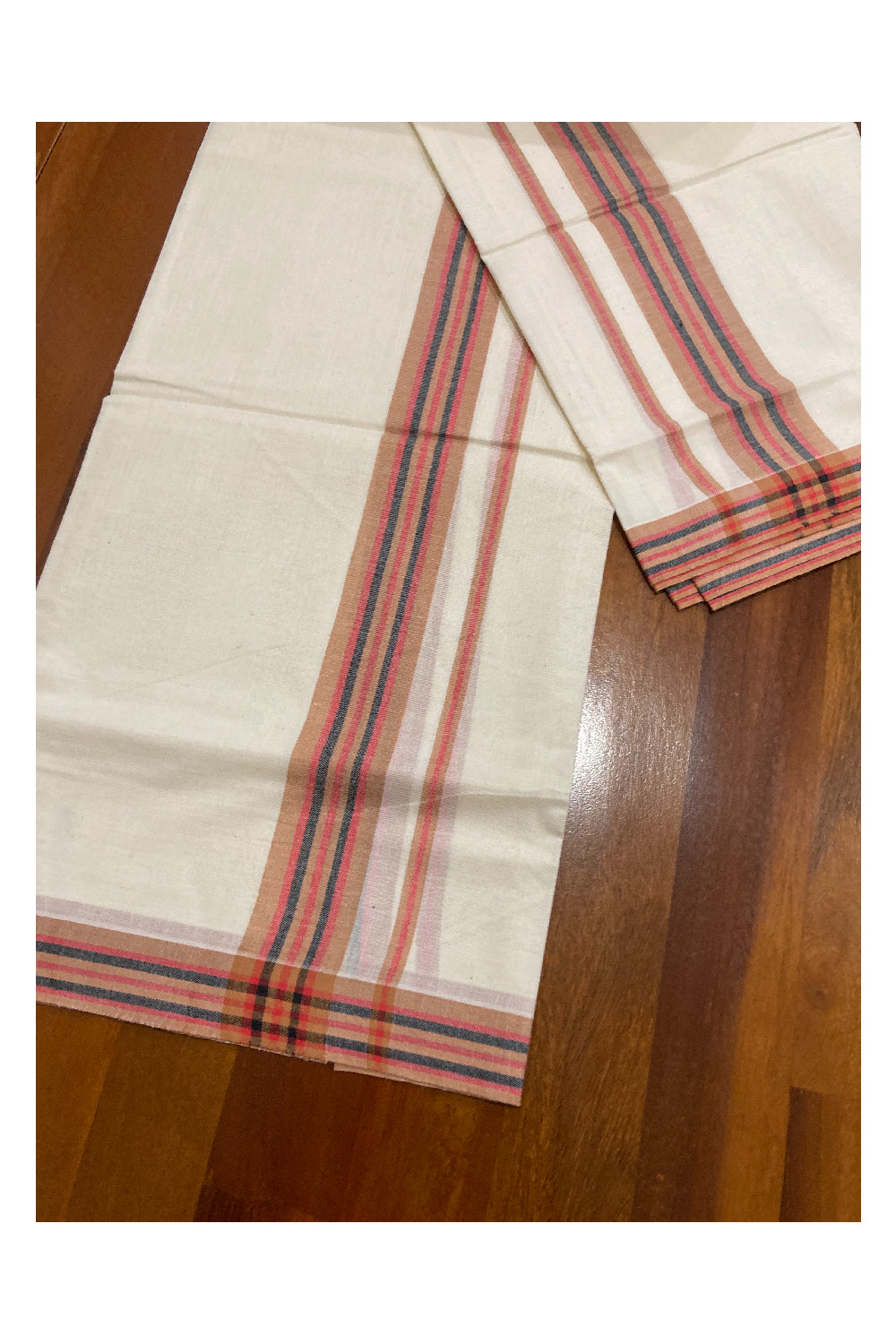 Kerala Cotton Mundum Neriyathum Single (Set Mundu) with Orange and Red Mulloth Border (Extra Soft Cotton)