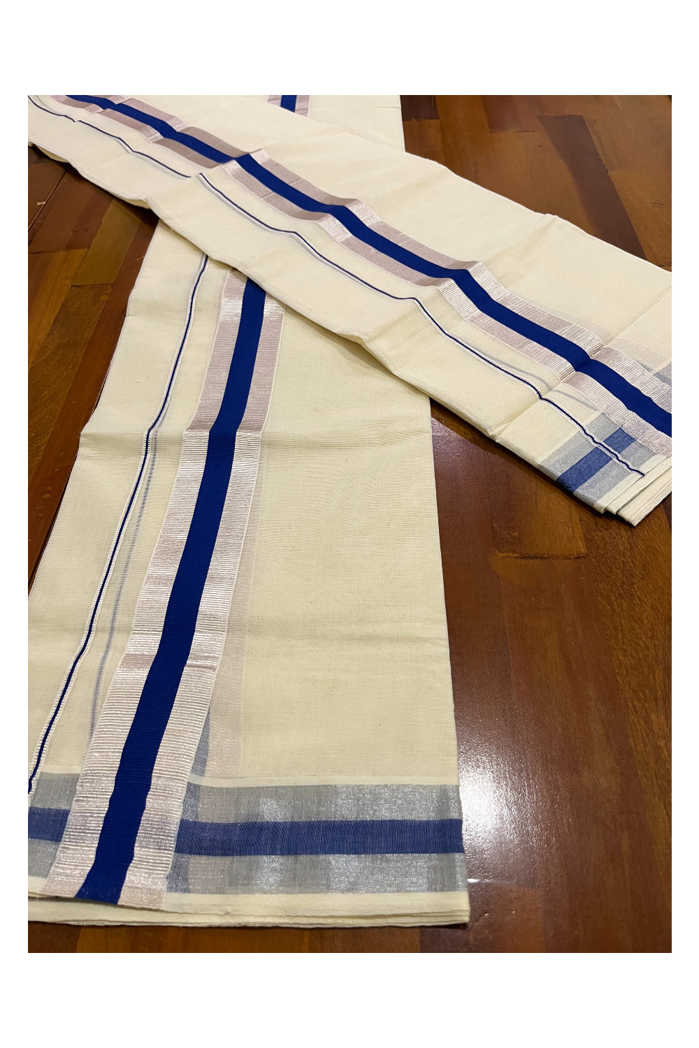 Kerala Cotton Mundum Neriyathum Single (Set Mundu) with Blue and Silver Kasavu Border 2.80 Mtrs