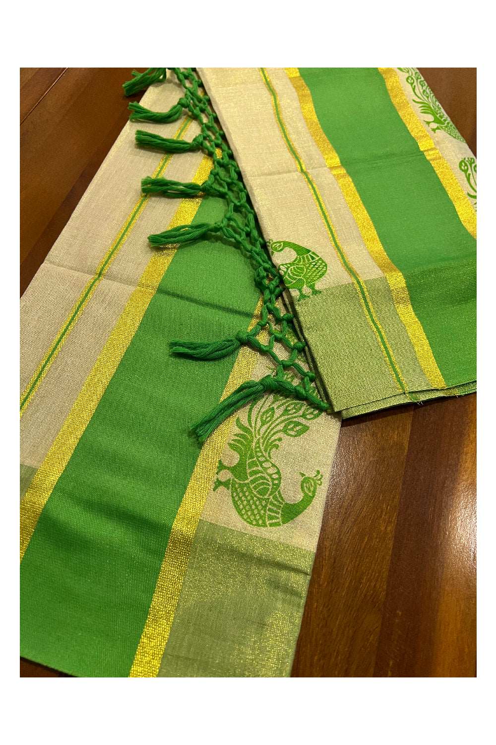 Kerala Tissue Kasavu Set Mundu (Mundum Neriyathum) with Light Green Peacock Block Prints and Tassels Border