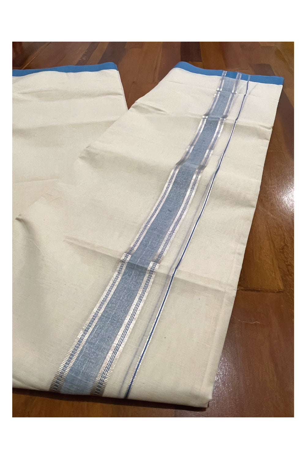 Pure Cotton Off White Double Mundu with Silver Kasavu and Blue Border (South Indian Dhoti)