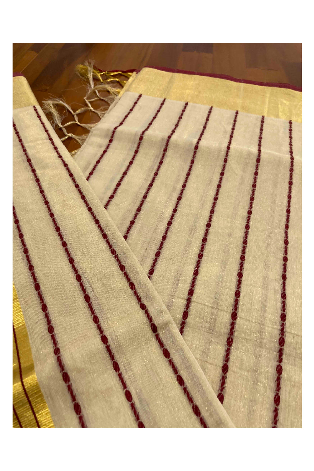 Southloom Kuthampully Handloom Tissue Saree with Kasavu and Marron Stripes Body