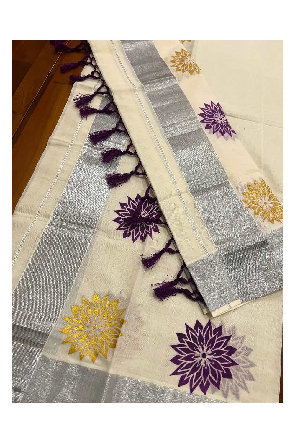 Kerala Cotton Mundum Neriyathum Single (Set Mundu) with Purple and Golden Floral Block Prints