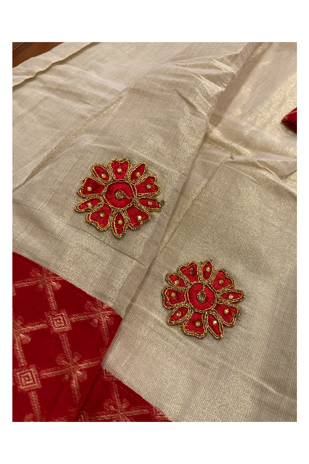 Kerala Tissue Stitched Dhavani Set with Blouse Piece and Neriyathu in with Red Accents