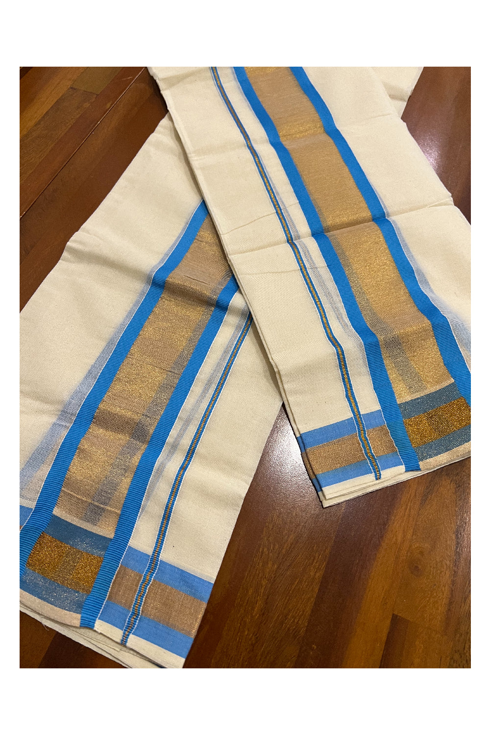 Kerala Cotton Set Mundu (Mundum Neriyathum) with Kasavu and Light Blue Border