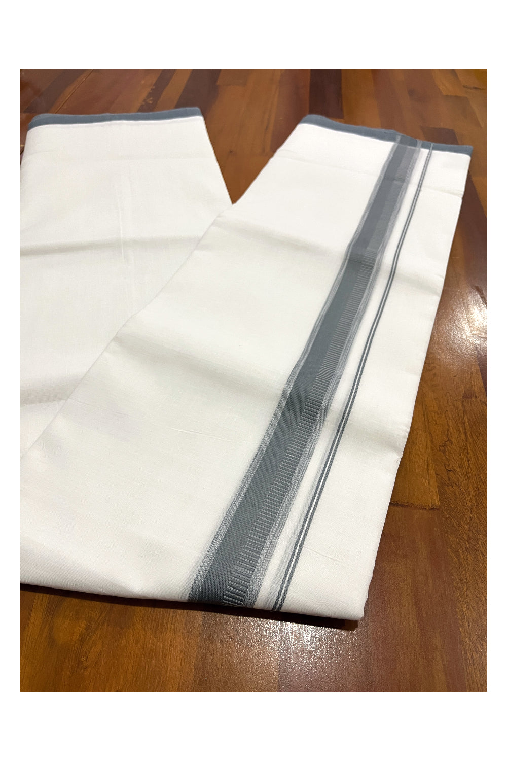 Pure White Cotton Double Mundu with Grey Border (South Indian Dhoti)