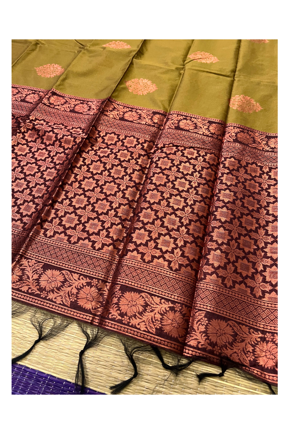 Southloom Green Semi Silk Designer Saree with Copper Kasavu Woven Works on Body