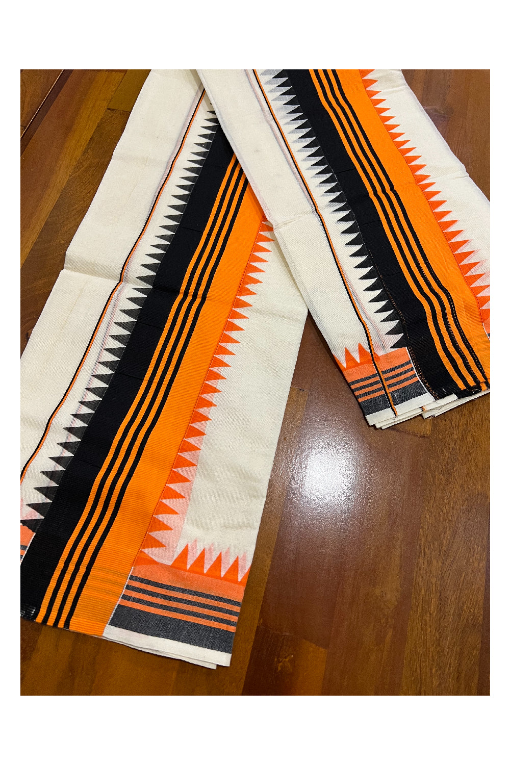 Pure Cotton Set Mundu (Mundum Neriyathum) with Orange and Black Temple Block Prints on Border