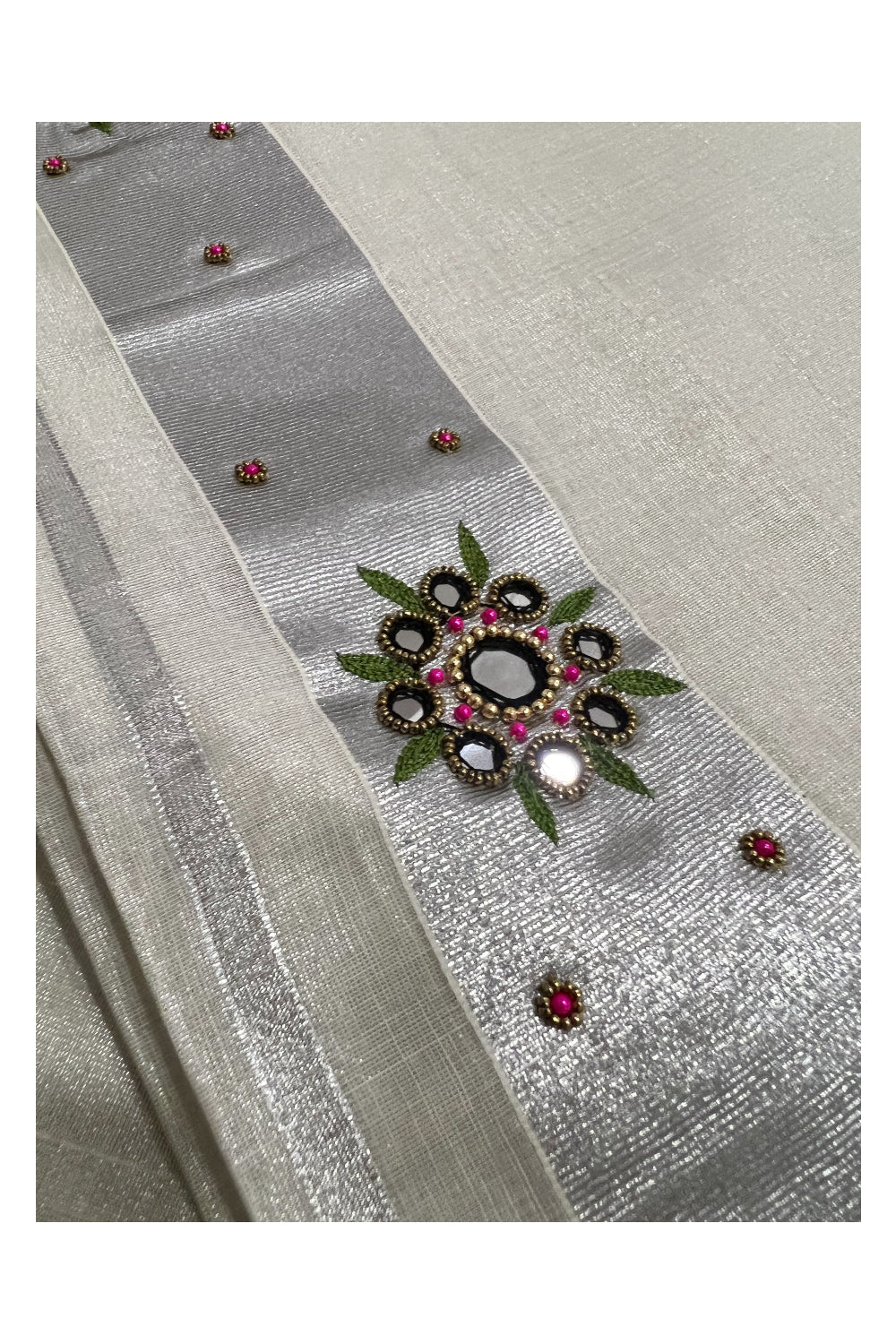 Kerala Silver Tissue Kasavu Saree with Embroidery Bead and Mirrorwork Design