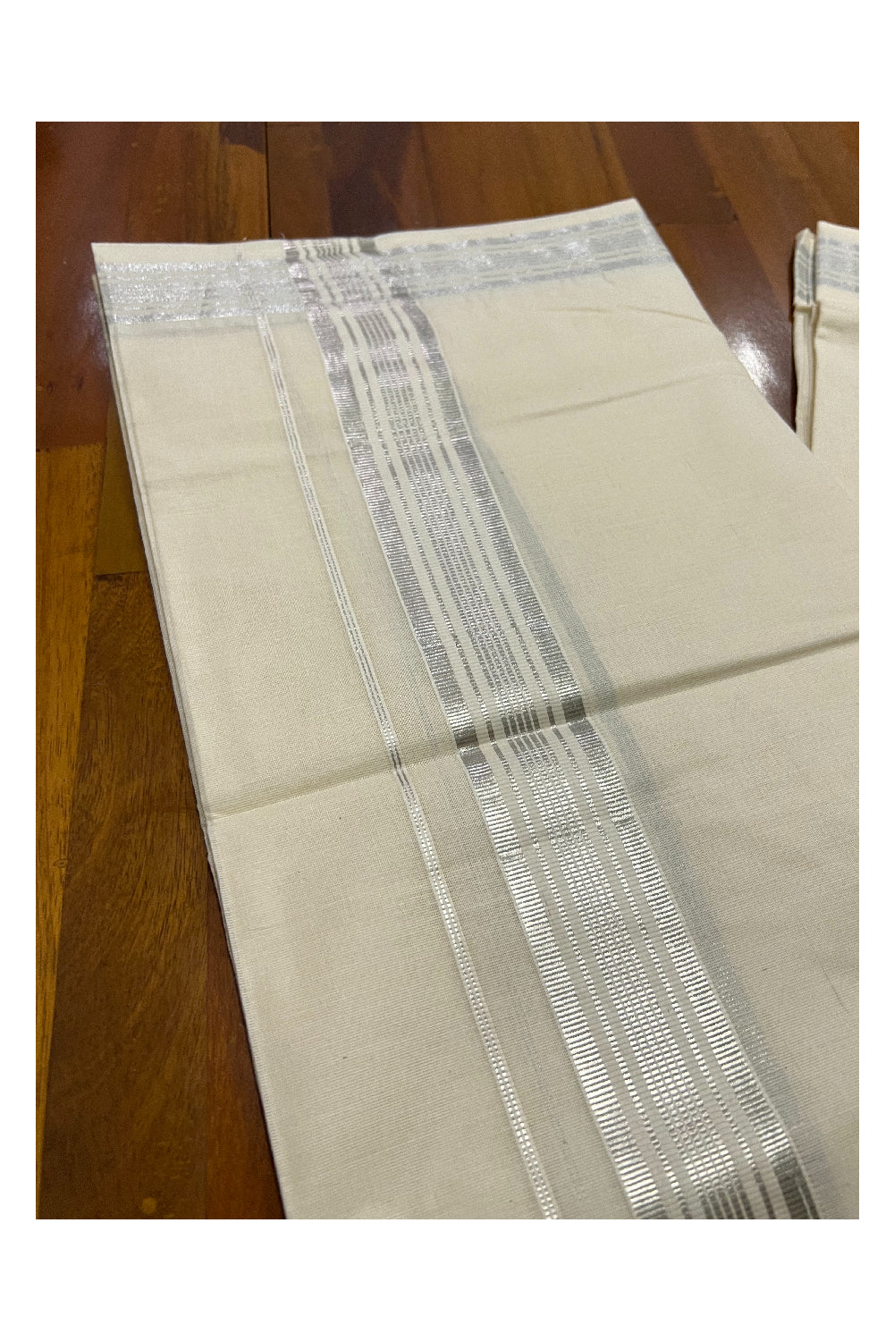 Pure Cotton Off White Double Mundu with Silver Kasavu Line Border (South Indian Dhoti)