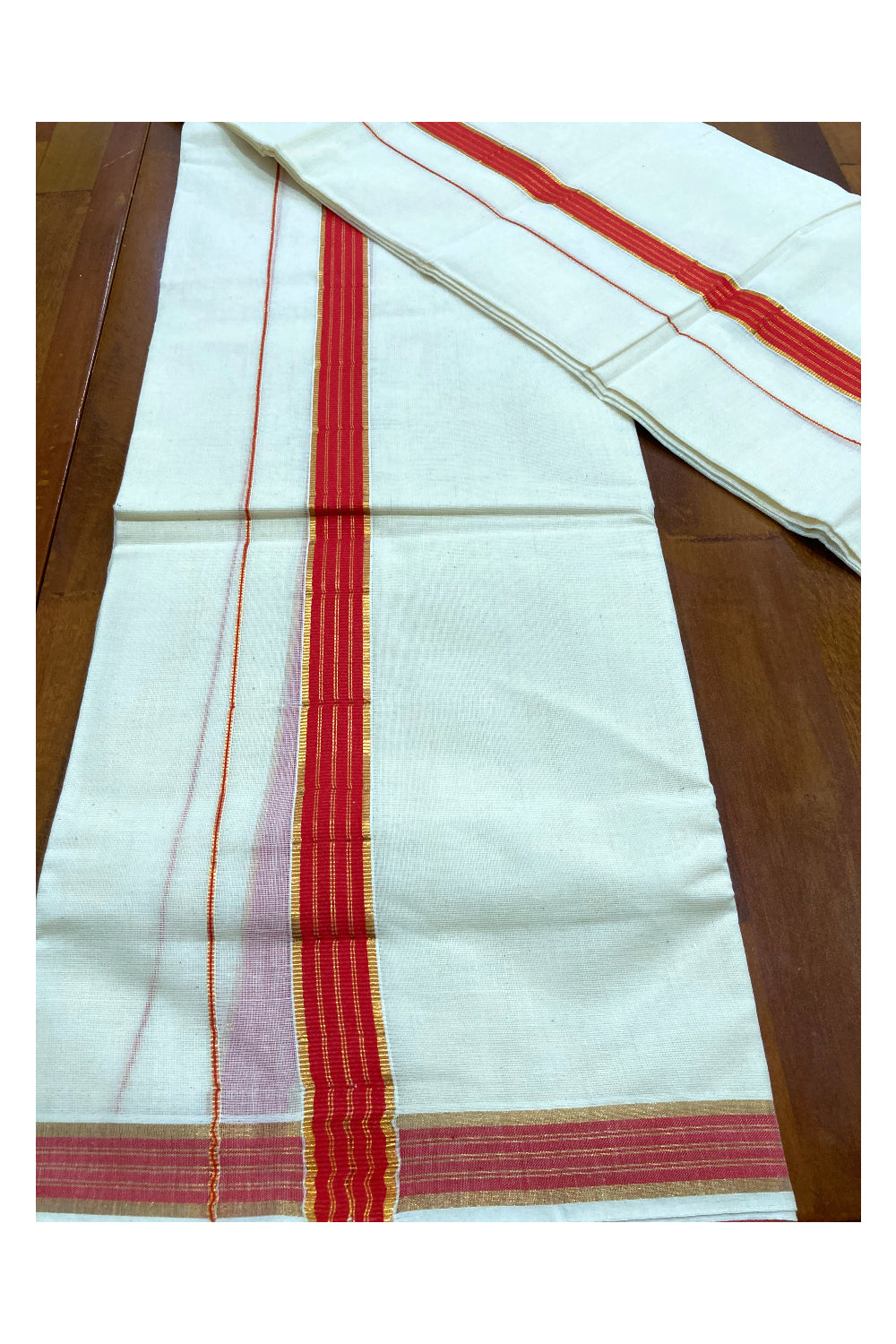 Mundum Neriyathum Double (Set Mundu) with Reddish Pink and Kasavu Border