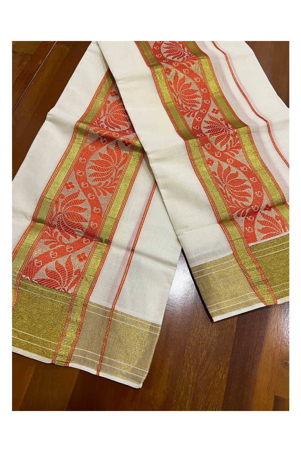 Kerala Cotton Kasavu Set Mundu (Mundum Neriyathum) with Red Floral Woven Border