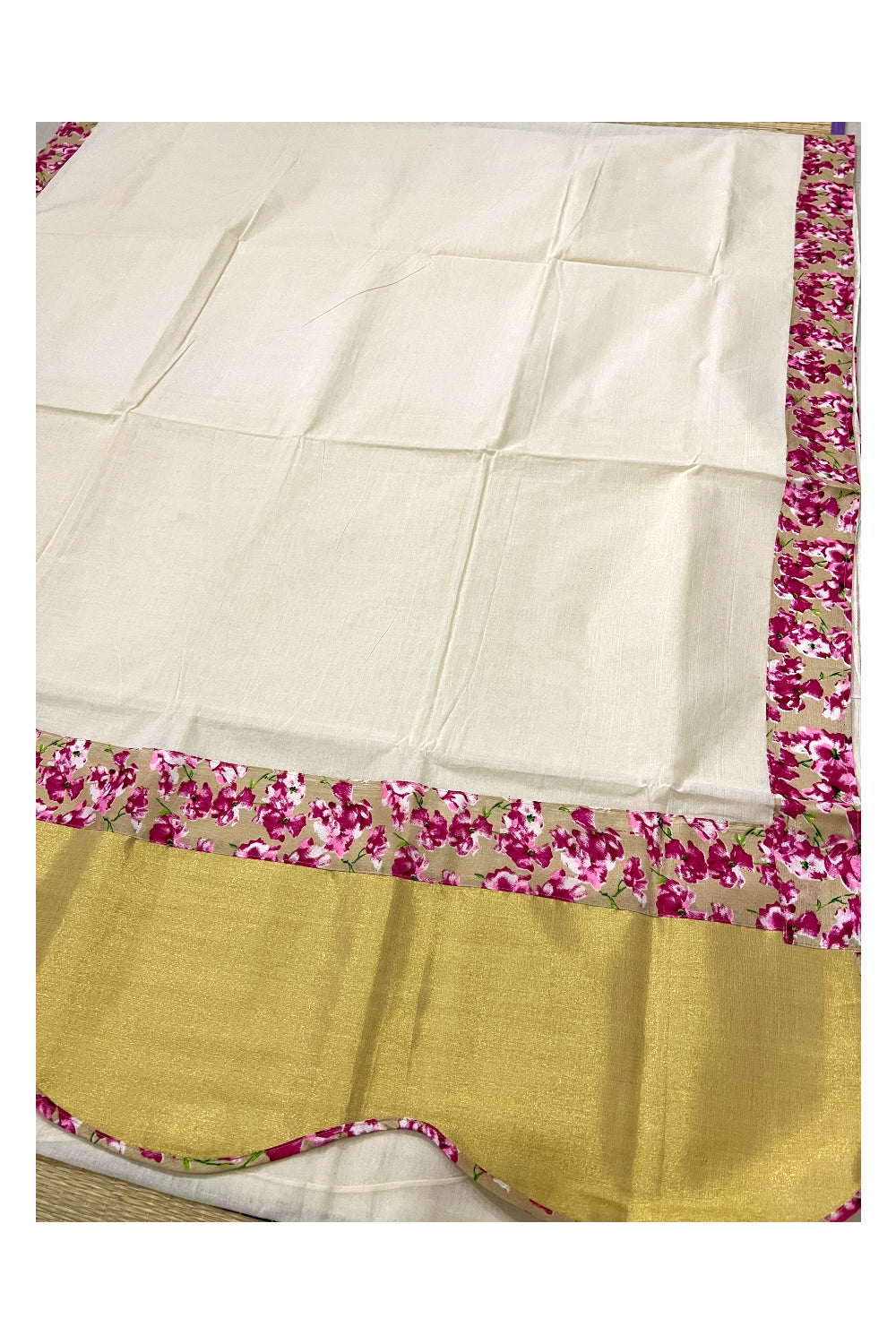 Pure Cotton Fusion Art Kerala Kasavu Saree with Floral Patterns and Separate Blouse Piece