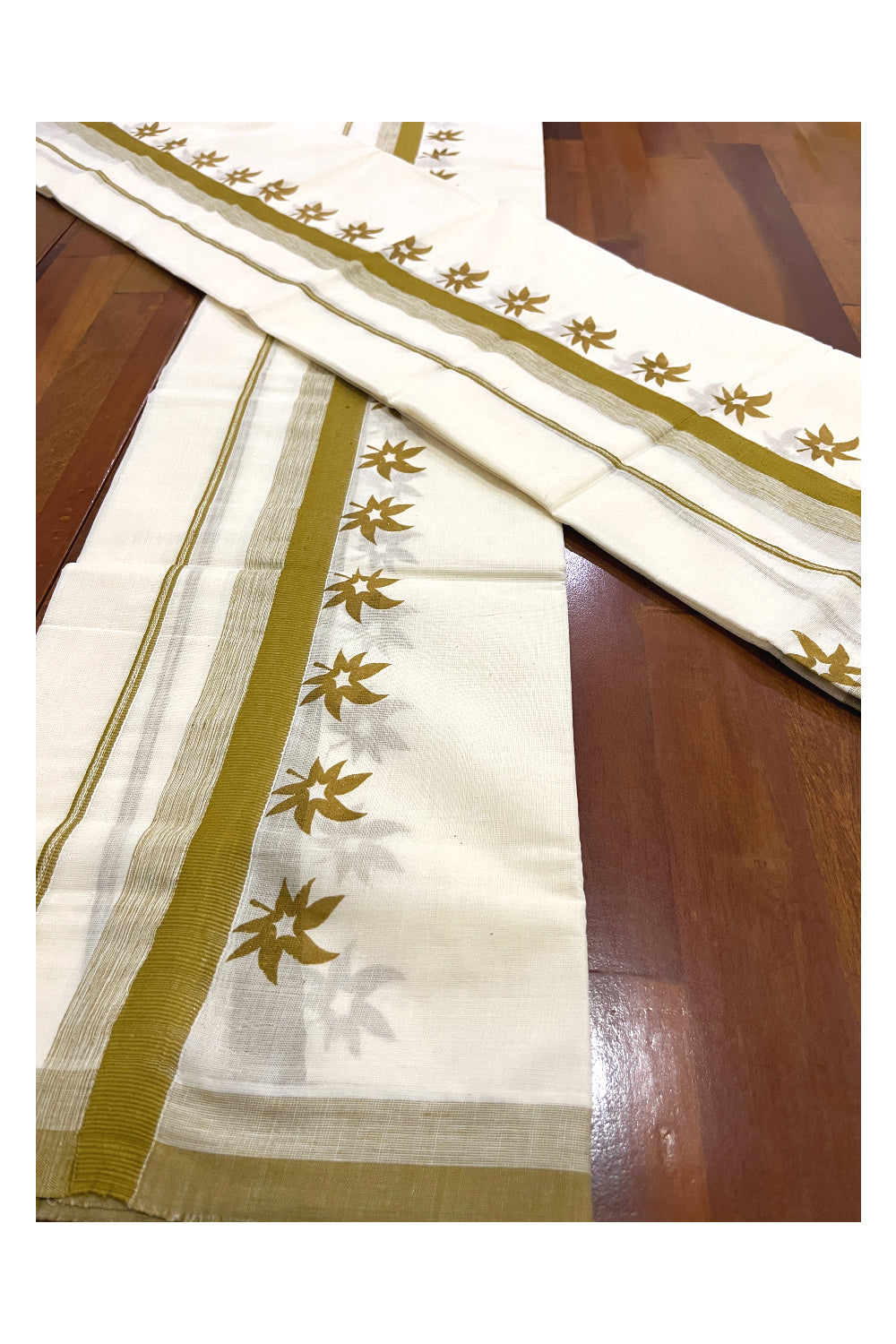 Kerala Cotton Single Set Mundu (Mundum Neriyathum) with Brown Floral Block Prints on Border