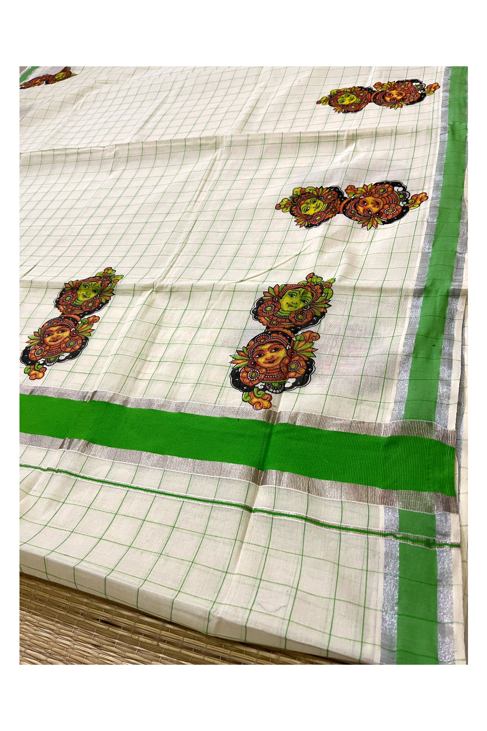 Pure Cotton Green Check Design Kerala Saree with Krishna Radha Mural Prints and Silver Border