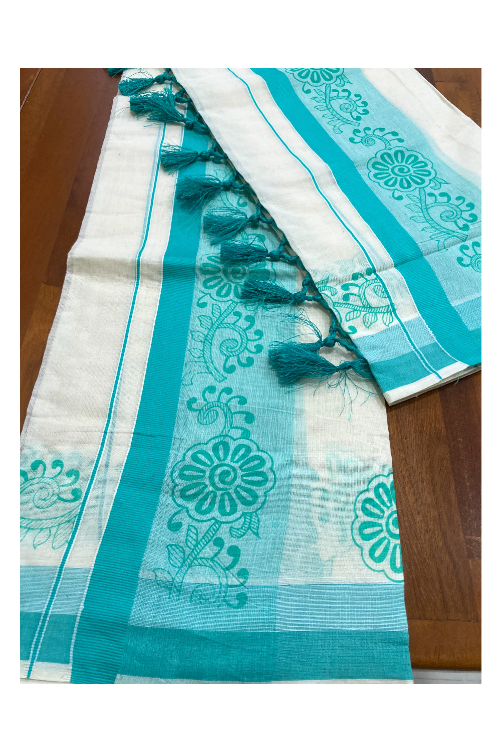 Kerala Cotton Mundum Neriyathum Single (Set Mundu) with Turquoise Floral Block Print Border and Tassels Work