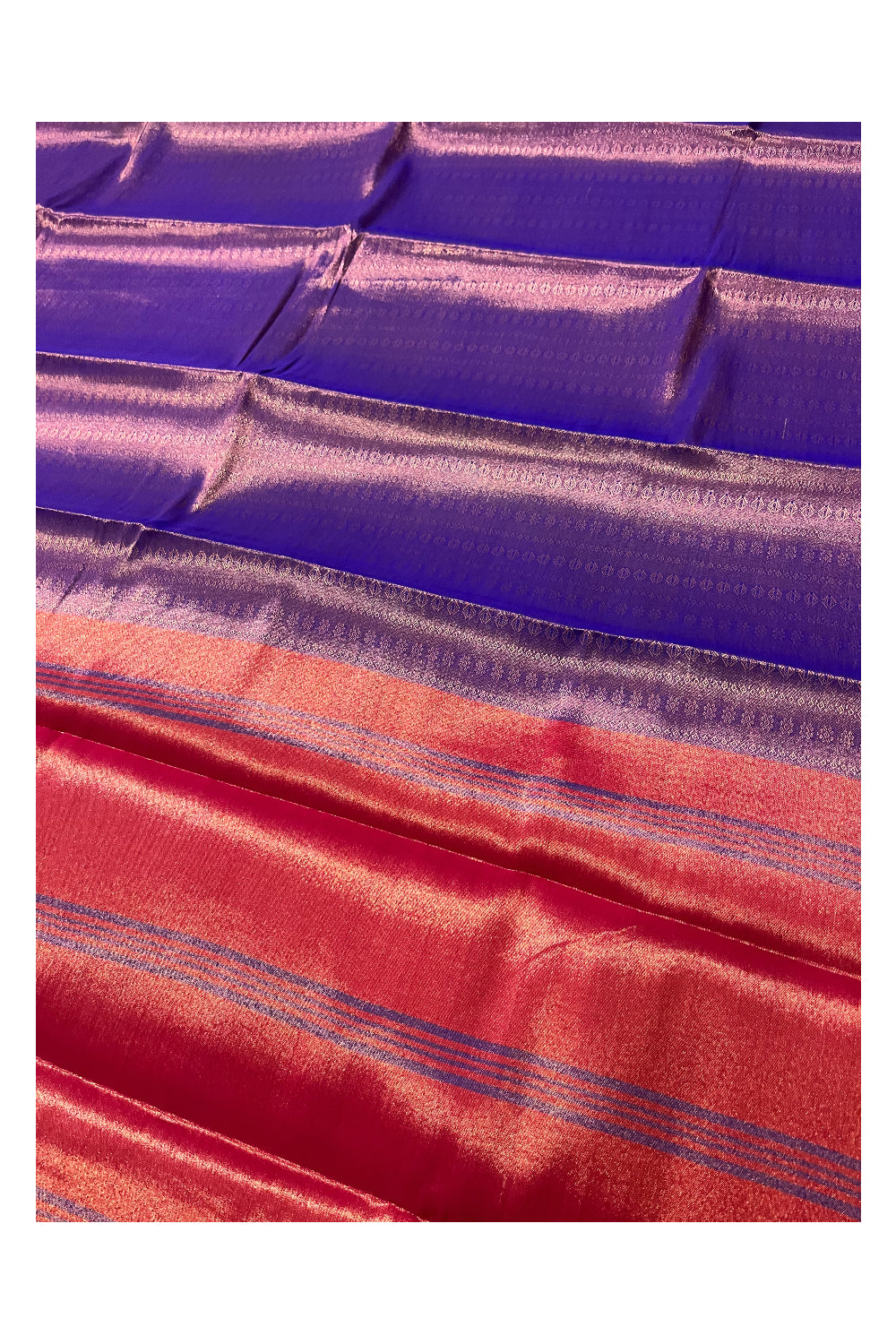 Southloom Cotton Silk Violet Designer Saree with Copper Zari Motifs and Red Pallu