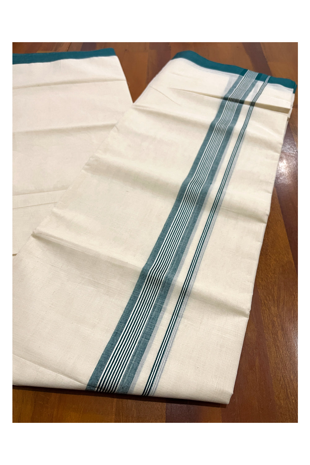 Pure Cotton Off White Double Mundu with Green Kara (South Indian Dhoti)