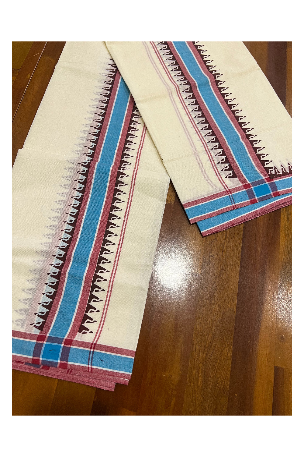 Kerala Cotton Mulloth Mundum Neriyathum Single (Set Mundu) with Dark Maroon Temple Block Prints and Blue Border (Extra Soft Cotton)