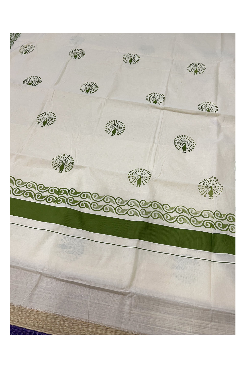 Pure Cotton Kerala Saree with Green Peacock Block Printed Design