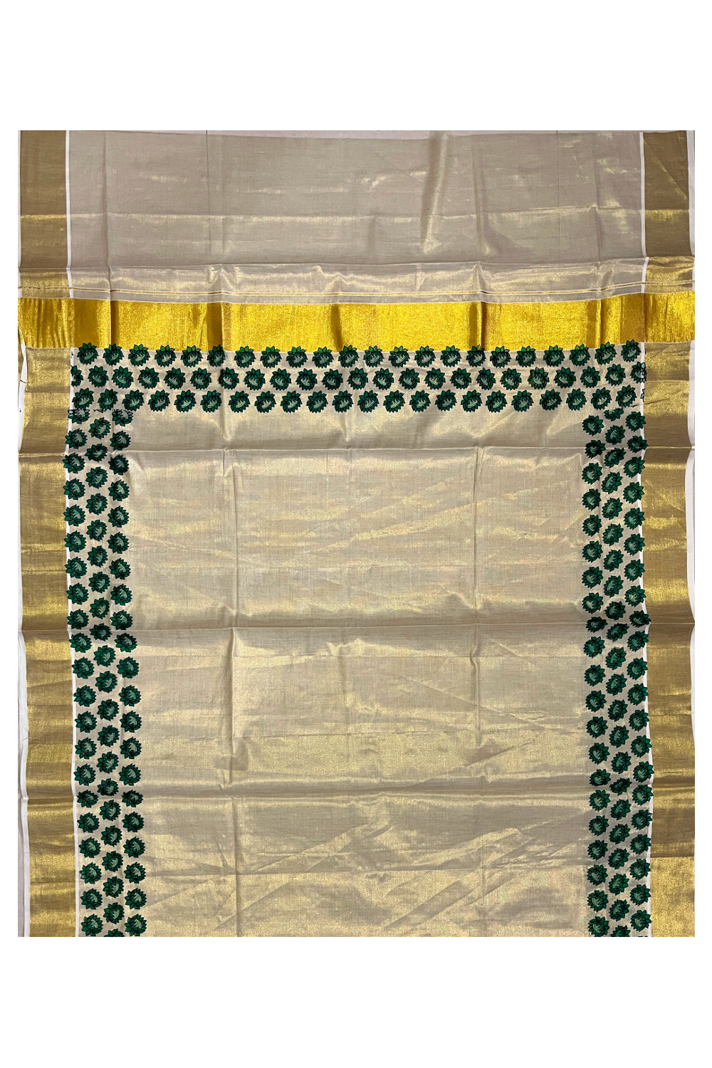 Kerala Tissue Kasavu Saree with Green Floral Block Printed Design