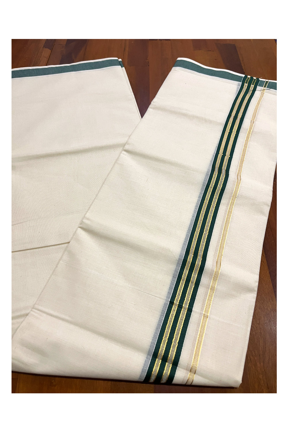 Pure Cotton Off White Double Mundu with Green and Kasavu Kara (South Indian Kerala Dhoti)