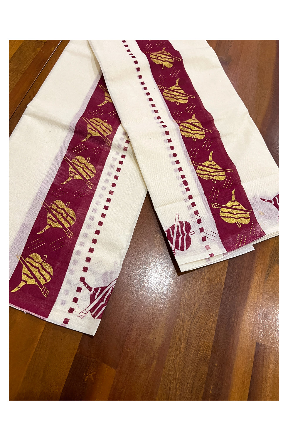 Kerala Cotton Set Mundu (Mundum Neriyathum) with Golden Leaf and Flute Block Prints on Maroon Border 2.80 Mtrs