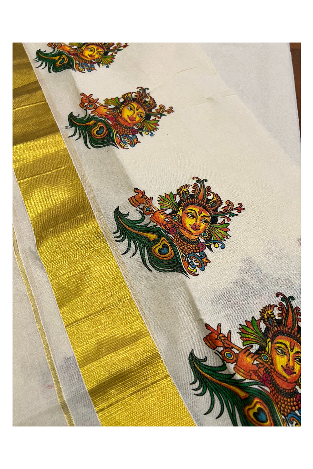 Pure Cotton Kasavu Set Mundu (Mundum Neriyathum) with Krishna Face Mural Prints on Border 2.80 Mtrs