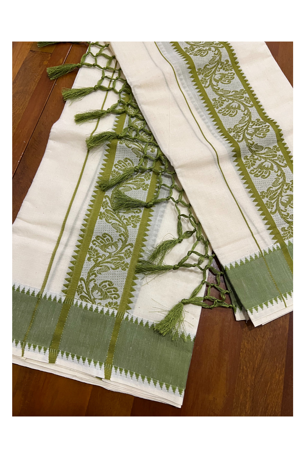 Kerala Cotton Set Mundu (Mundum Neriyathum) with Bottle Green Woven Floral Temple Work and Tassels Border