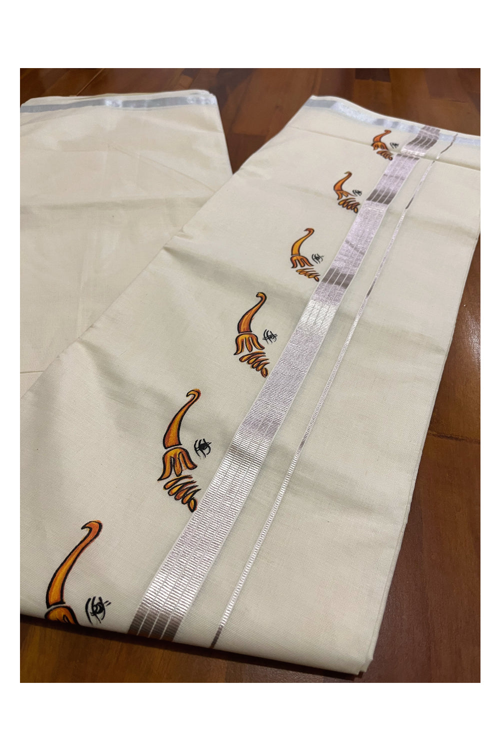 Off White Pure Cotton Double Mundu with Mural Painted Design on Silver Kasavu Kara (South Indian Dhoti)