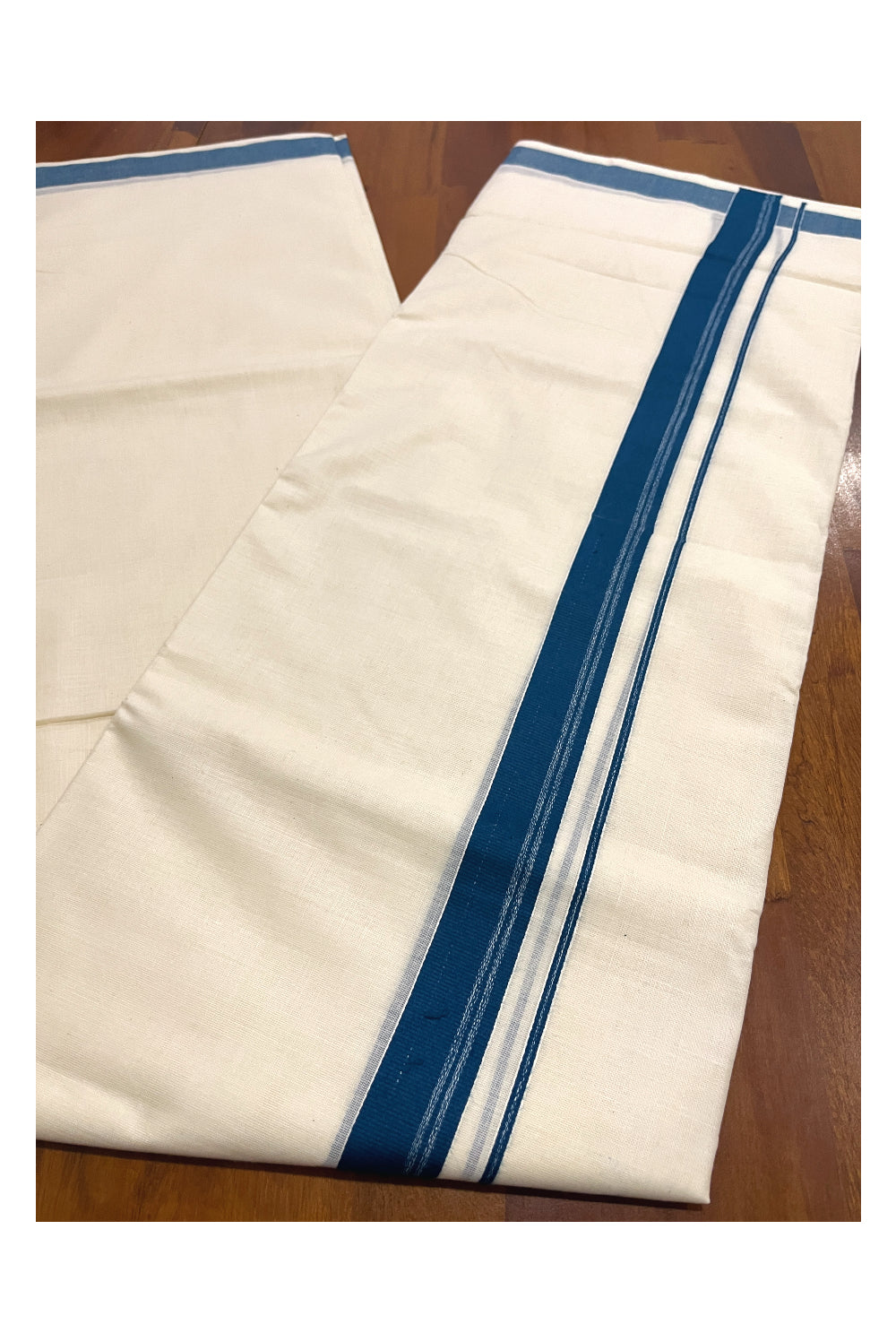 Pure Cotton Double Mundu with Blue Kara (South Indian Dhoti)