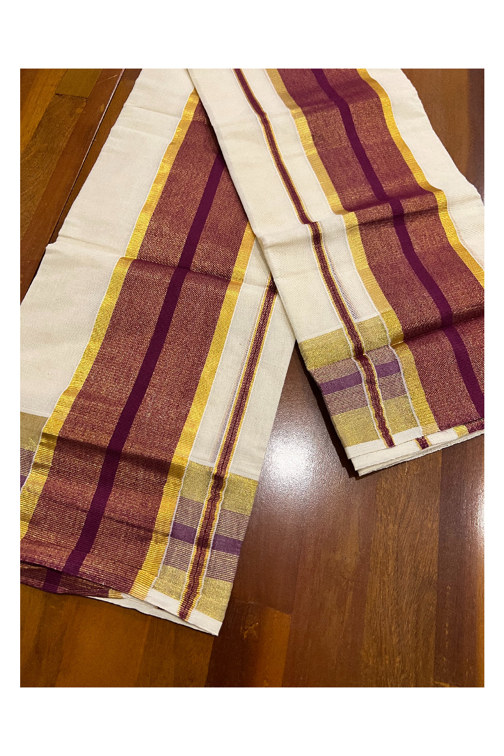 Pure Cotton Kerala Single Set Mundu (Mundum Neriyathum) with Purple and Kasavu Border 2.80 Mtrs