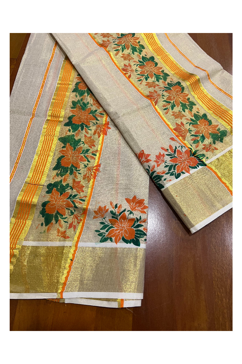 Kerala Tissue Kasavu Set Mundu (Mundum Neriyathum) with Orange Green Floral Block Prints on Border 2.80 Mtrs