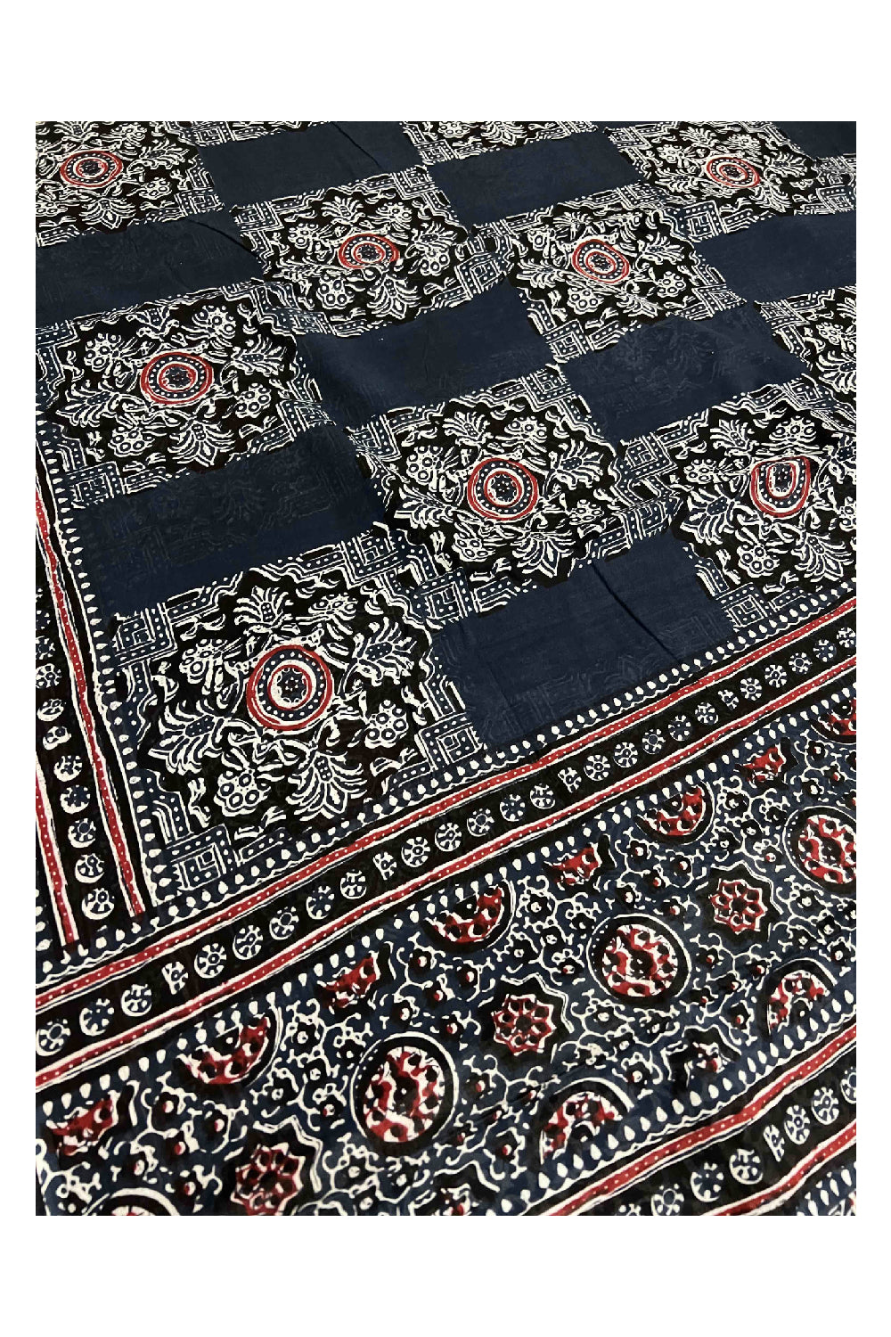 Southloom Pure Cotton White Floral Prints on Dark Blue Designer Saree