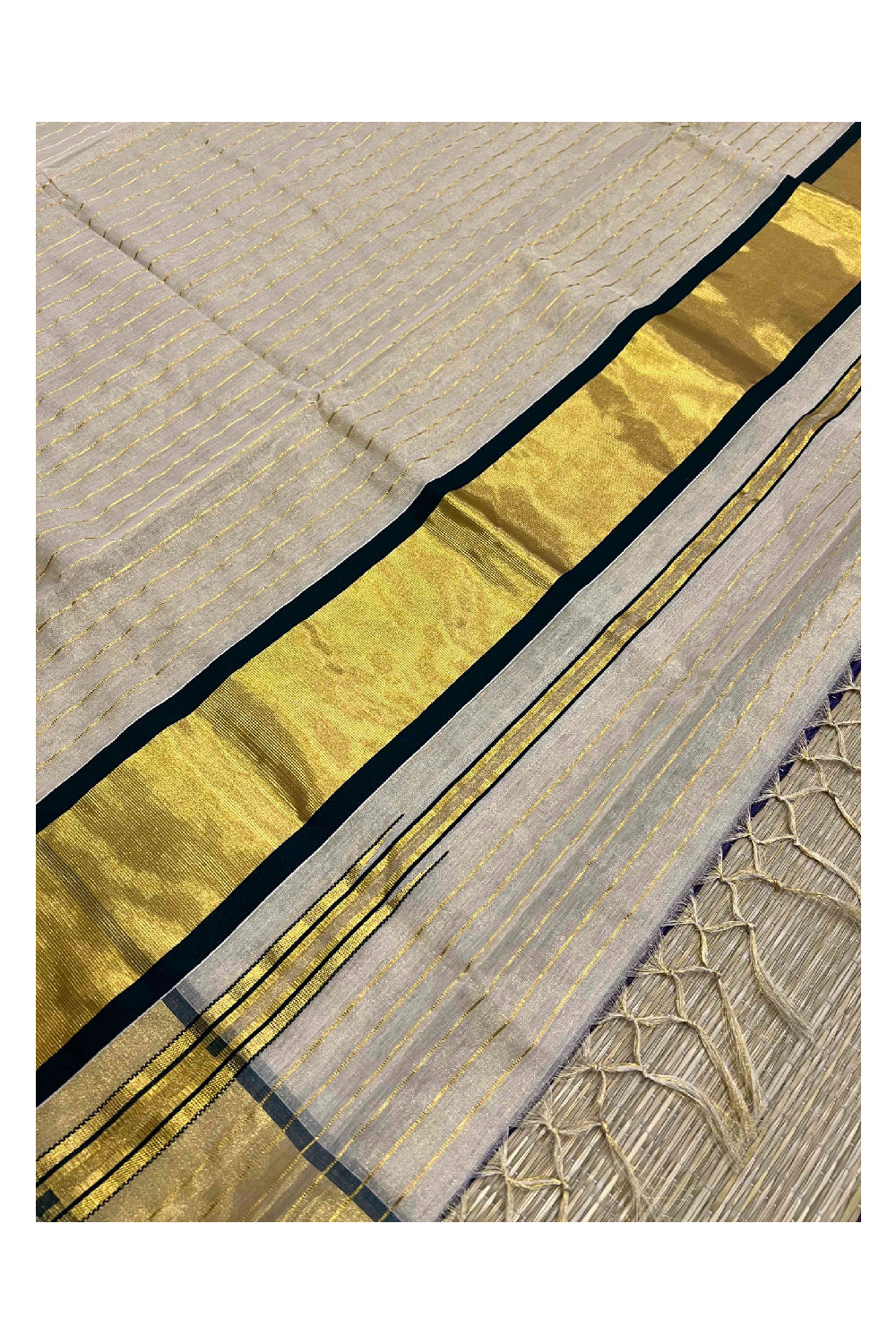 Southloom Premium Kuthampully Handloom Stripes Work Tissue Saree with Dark Green Border